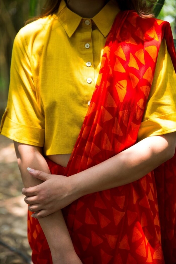 Orange Yarn-dyed Linen Saree