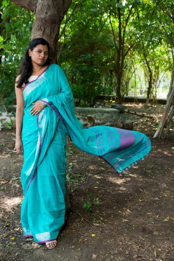 Turquoise Yarn-dyed Linen Saree