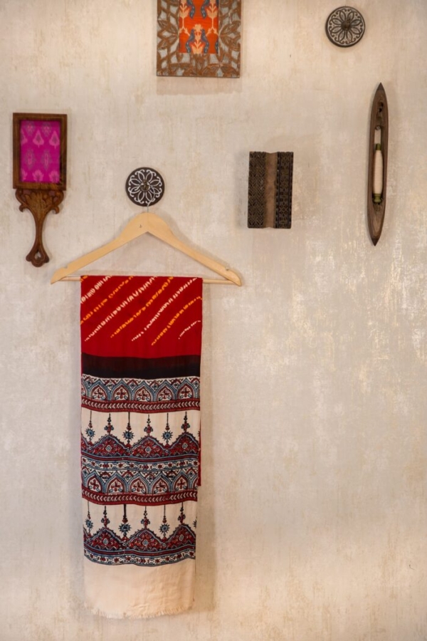 Modal Silk Red-White Shibori-Bandhej-Ajrakh Duppata