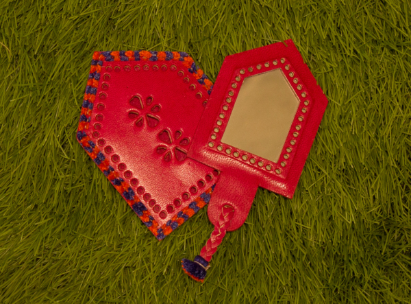Red House Shapped Leather Mirror With Cover