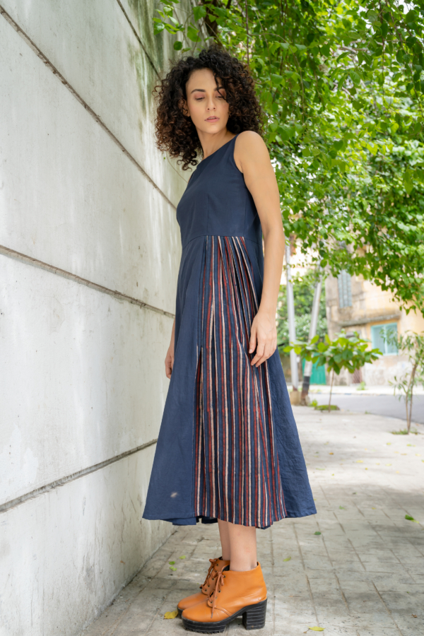 Indigo dress with striped side pleats