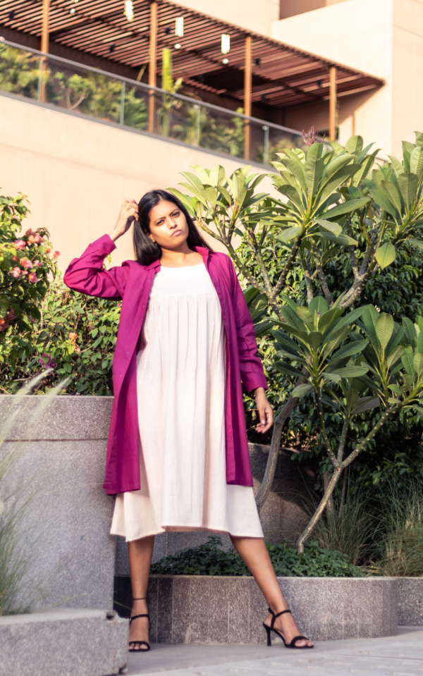 Ivory Dress Paired with Magenta Shirt Jakcet